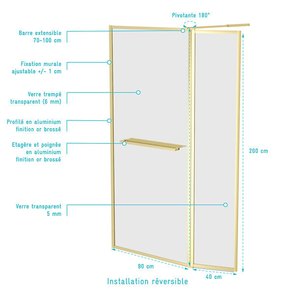 AURLANE - Paroi de Douche avec Volet Pivotant 90+40x200 cm - Porte-serviette + Etagère Finition Or Doré Brossé - large