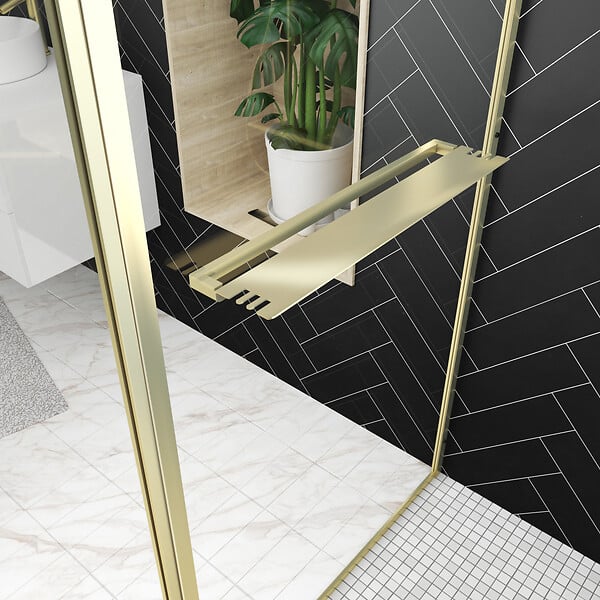 AURLANE - Paroi de Douche avec Volet Pivotant 90+40x200 cm - Porte-serviette + Etagère Finition Or Doré Brossé - large