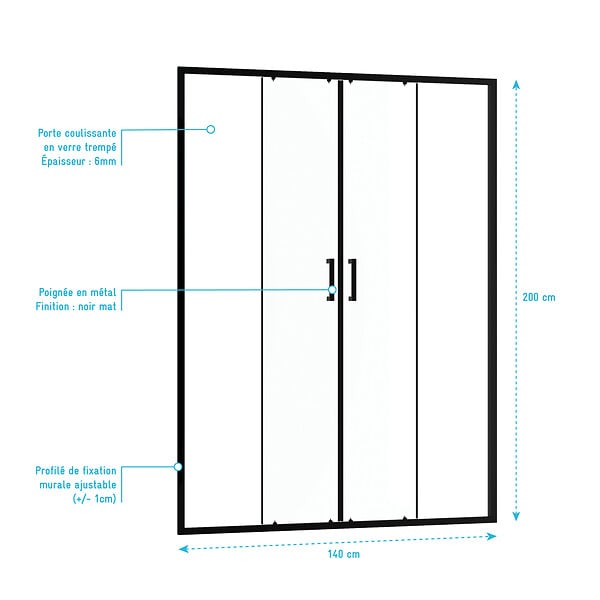 AURLANE - Porte de douche Double Coulissant 140x200 cm - Verre transparent - Profilé Noir - CRUSH - large