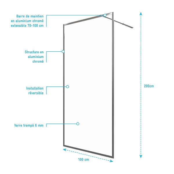 AURLANE - Paroi de Douche 100x200 cm - Cadre et Bras Aluminium Chrome - CHROMED CONTOURING - large