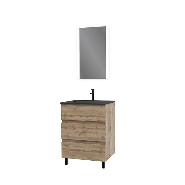 AURLANE - Pack Meuble SDB 60cm sur pieds 3 tiroirs Chene_Vasque noire + Miroir Led - TIMBER 60_Pack 14 - large