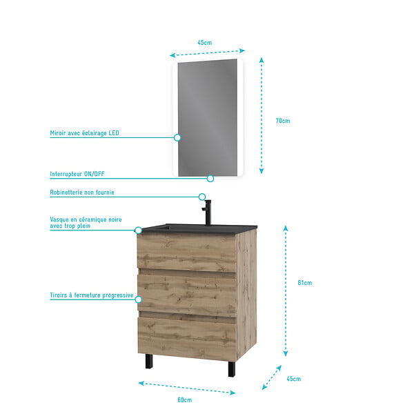 AURLANE - Pack Meuble SDB 60cm sur pieds 3 tiroirs Chene_Vasque noire + Miroir Led - TIMBER 60_Pack 14 - large