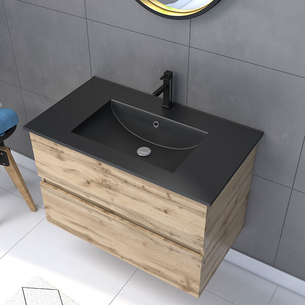 AURLANE - Pack Meuble SDB 80cm suspendu 2 tiroirs Chene_Vasque noire + Miroir Barber - TIMBER 80_Pack34 - large