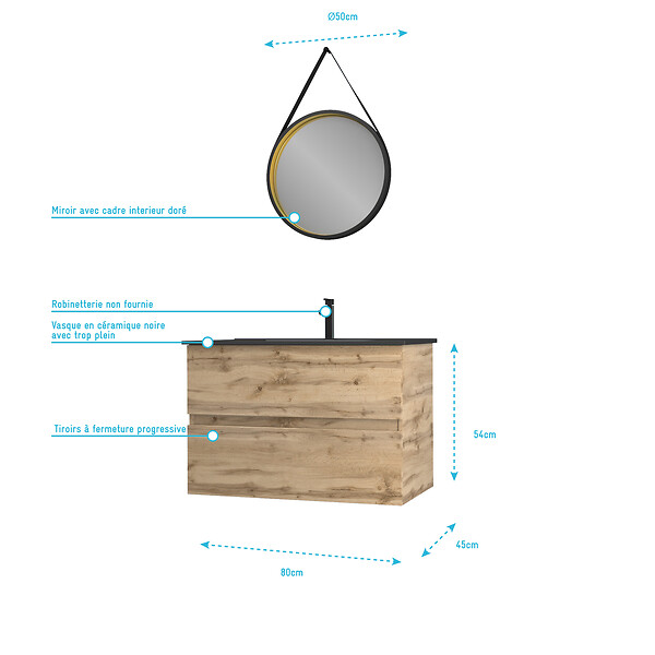 AURLANE - Pack Meuble SDB 80cm suspendu 2 tiroirs Chene_Vasque noire + Miroir Barber - TIMBER 80_Pack34 - large
