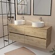 AURLANE - Meuble de salle de bains 140 TIMBER Décor Chêne - 4 Tiroirs - 2 Vasques Rondes Blanches 36cm - vignette