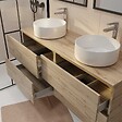 AURLANE - Meuble de salle de bains 140 TIMBER Décor Chêne - 4 Tiroirs - 2 Vasques Rondes Blanches 36cm - vignette