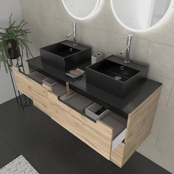 AURLANE - Meuble salle de bains 120cm Chene et noir, Vasques carrees et Miroirs Led Diam 50cm - OMEGA - large