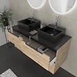 AURLANE - Meuble salle de bains 120cm Chene et noir, Vasques carrees et Miroirs Led Diam 50cm - OMEGA - vignette
