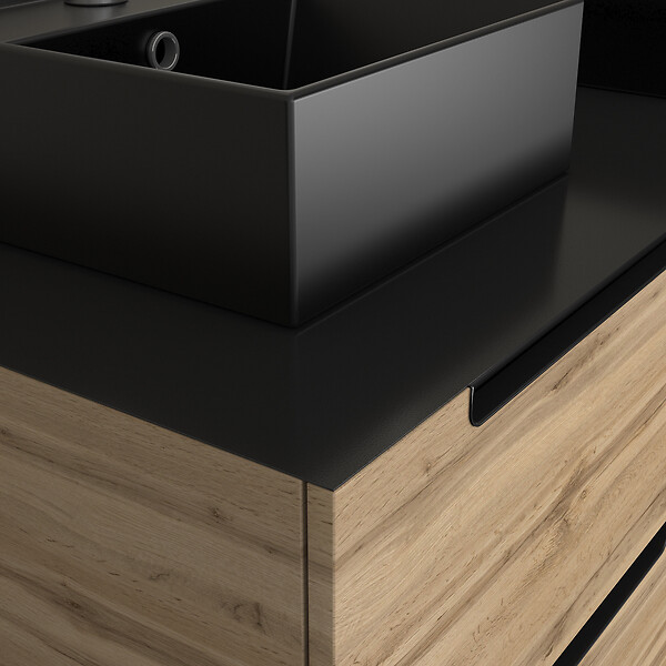 AURLANE - Meuble salle de bains 120cm Chene et noir, Vasques carrees et Miroirs Led Diam 50cm - OMEGA - large