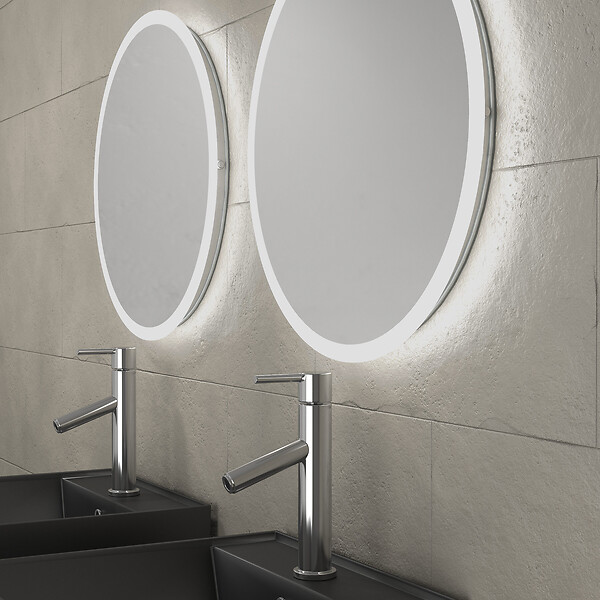 AURLANE - Meuble salle de bains 120cm Chene et noir, Vasques carrees et Miroirs Led Diam 50cm - OMEGA - large