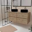 AURLANE - Meuble Salle de Bains 120cm 4 Tiroirs Chêne Naturel - 2 Vasques Rondes 41cm en Céramique Noire - vignette