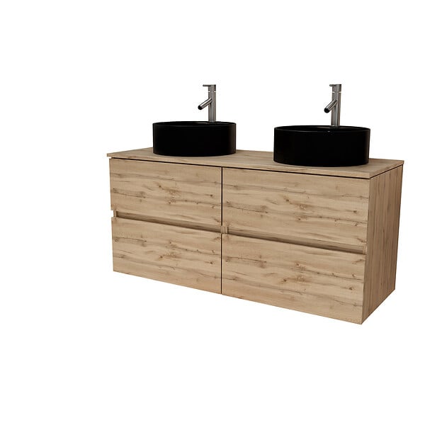 AURLANE - Meuble Salle de Bains 120cm 4 Tiroirs Chêne Naturel - 2 Vasques Rondes 41cm en Céramique Noire - large