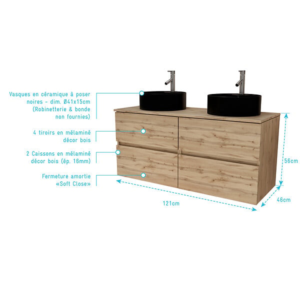 AURLANE - Meuble Salle de Bains 120cm 4 Tiroirs Chêne Naturel - 2 Vasques Rondes 41cm en Céramique Noire - large