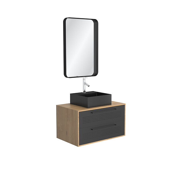 AURLANE - Meuble Salle de Bains 80 cm, Vasque Carrée et Miroir - Chêne naturel et Noir Mat - UBY - large