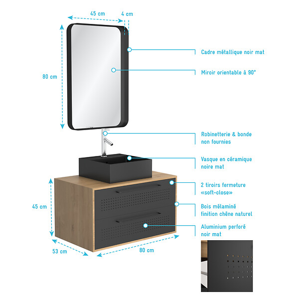 AURLANE - Meuble Salle de Bains 80 cm, Vasque Carrée et Miroir - Chêne naturel et Noir Mat - UBY - large