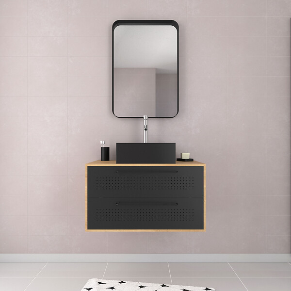 AURLANE - Meuble Salle de Bains 80 cm, Vasque Carrée et Miroir - Chêne naturel et Noir Mat - UBY - large