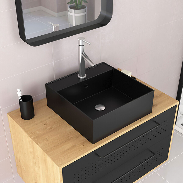 AURLANE - Meuble Salle de Bains 80 cm, Vasque Carrée et Miroir - Chêne naturel et Noir Mat - UBY - large