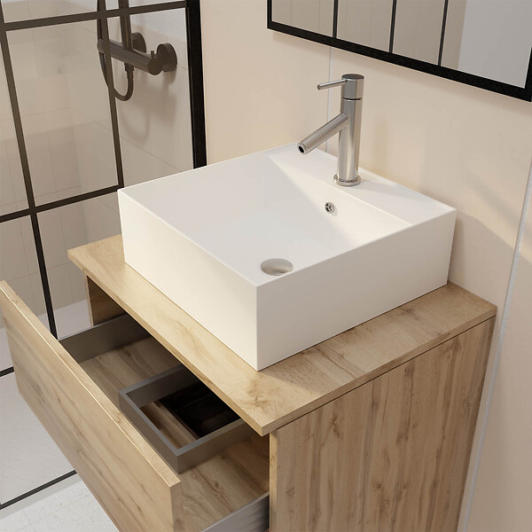 AURLANE - Meuble Salle de Bains 60cm 2 Tiroirs Chêne Naturel + Vasque Carrée 41x41x15cm en Céramique Blanche - large