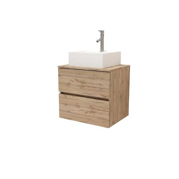 AURLANE - Meuble Salle de Bains 60cm 2 Tiroirs Chêne Naturel + Vasque Carrée 41x41x15cm en Céramique Blanche - large