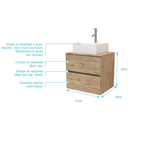 AURLANE - Meuble Salle de Bains 60cm 2 Tiroirs Chêne Naturel + Vasque Carrée 41x41x15cm en Céramique Blanche - large