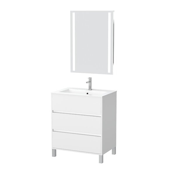 AURLANE - Pack Meuble Salle de Bains 60cm Blanc 3 Tiroirs, Vasque, Miroir 60x80 à Leds intégrées - XENOS - large