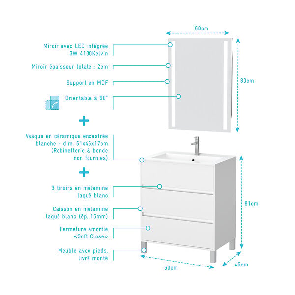 AURLANE - Pack Meuble Salle de Bains 60cm Blanc 3 Tiroirs, Vasque, Miroir 60x80 à Leds intégrées - XENOS - large