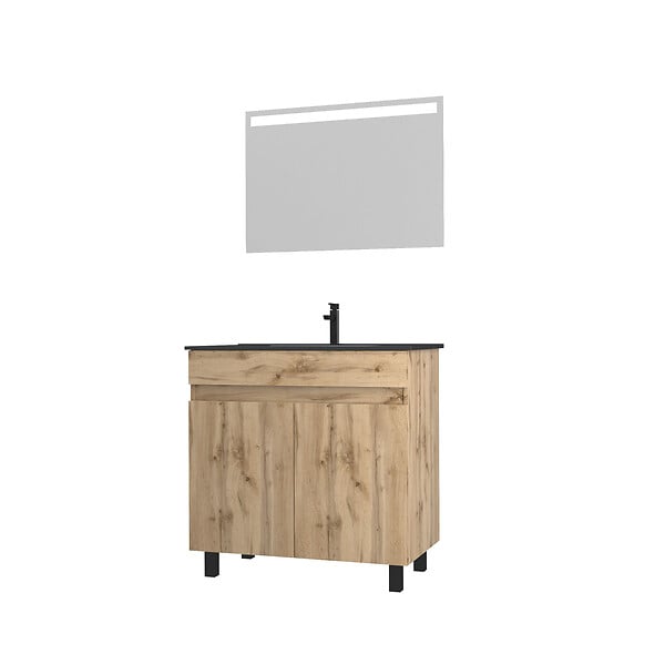 AURLANE - Meuble salle de bain 80x80 - Finition chene naturel + vasque noire + miroir Led - TIMBER 80 - Pack06 - large