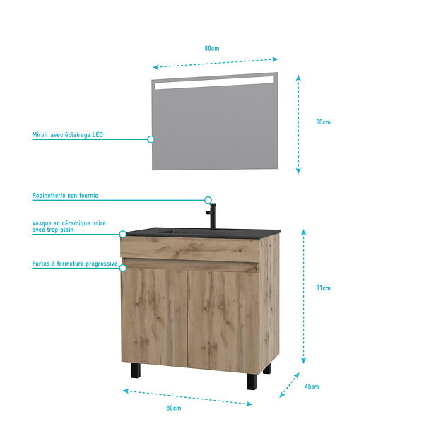 AURLANE - Meuble salle de bain 80x80 - Finition chene naturel + vasque noire + miroir Led - TIMBER 80 - Pack06 - large