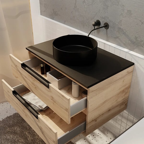 AURLANE - Meuble salle de bains 80 cm a Suspendre Decor Bois et Plan Noir - 2 Tiroirs - Vasque Noire 36 cm - large
