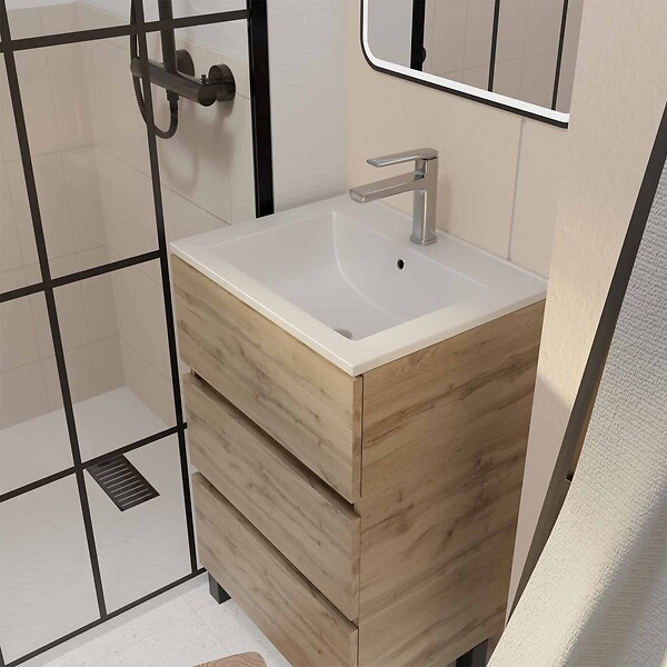 AURLANE - Meuble de Salle de Bains 50cm TIMBER - 3 Tiroirs Décor Chêne, Vasque Blanche et Miroir Led 50x70 cm - large