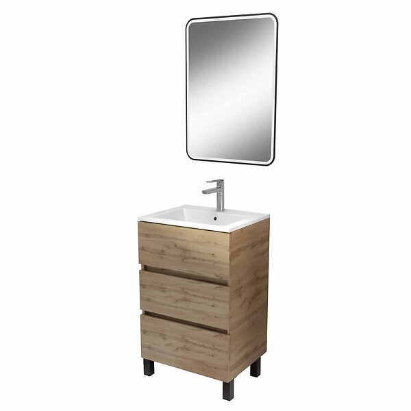 AURLANE - Meuble de Salle de Bains 50cm TIMBER - 3 Tiroirs Décor Chêne, Vasque Blanche et Miroir Led 50x70 cm - large
