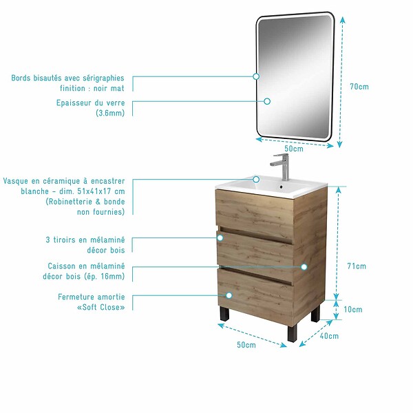 AURLANE - Meuble de Salle de Bains 50cm TIMBER - 3 Tiroirs Décor Chêne, Vasque Blanche et Miroir Led 50x70 cm - large