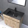 AURLANE - Meuble salle de bain 80x80 cm - Finition chene naturel + vasque noire + miroir - TIMBER 80 - Pack05 - vignette