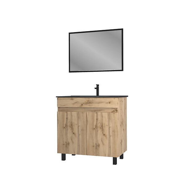 AURLANE - Meuble salle de bain 80x80 cm - Finition chene naturel + vasque noire + miroir - TIMBER 80 - Pack05 - large