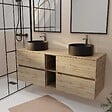 AURLANE - Meuble de Salle de Bains 140 TIMBER Décor Chêne 4 tiroirs et module - Vasques Noires 36cm - vignette