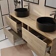 AURLANE - Meuble de Salle de Bains 140 TIMBER Décor Chêne 4 tiroirs et module - Vasques Noires 36cm - vignette