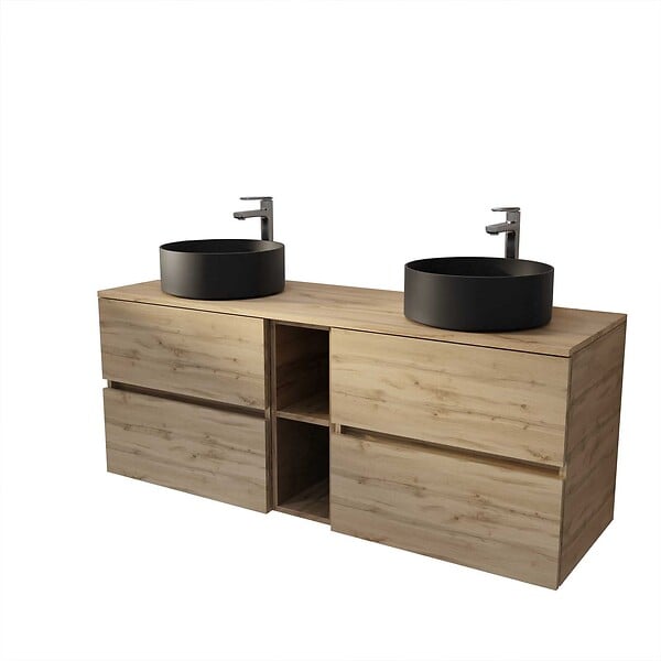 AURLANE - Meuble de Salle de Bains 140 TIMBER Décor Chêne 4 tiroirs et module - Vasques Noires 36cm - large
