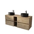 AURLANE - Meuble de Salle de Bains 140 TIMBER Décor Chêne 4 tiroirs et module - Vasques Noires 36cm - vignette