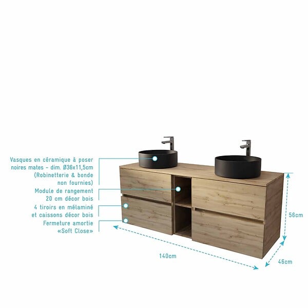 AURLANE - Meuble de Salle de Bains 140 TIMBER Décor Chêne 4 tiroirs et module - Vasques Noires 36cm - large