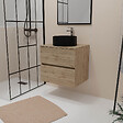 AURLANE - Meuble Salle de Bains 80cm 2 Tiroirs Chêne Naturel + Vasque Ronde Diamètre 36cm en Céramique Noire - vignette
