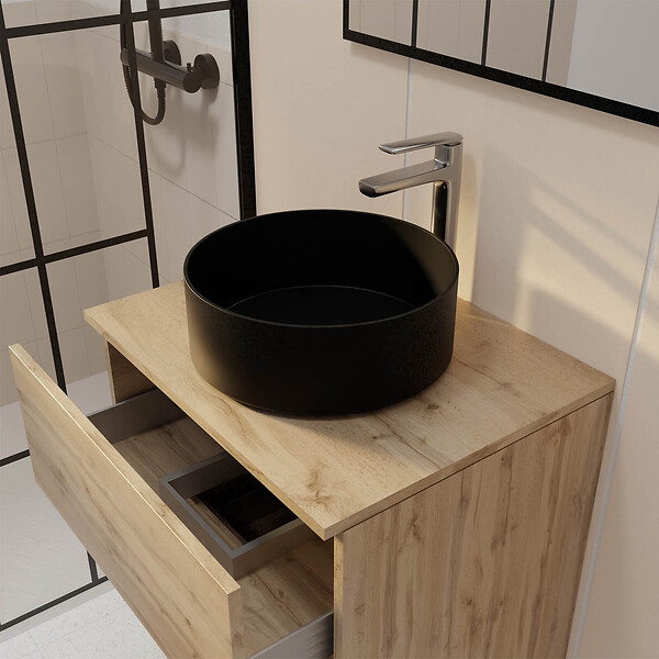 AURLANE - Meuble Salle de Bains 80cm 2 Tiroirs Chêne Naturel + Vasque Ronde Diamètre 36cm en Céramique Noire - large