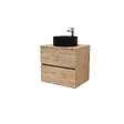 AURLANE - Meuble Salle de Bains 80cm 2 Tiroirs Chêne Naturel + Vasque Ronde Diamètre 36cm en Céramique Noire - vignette
