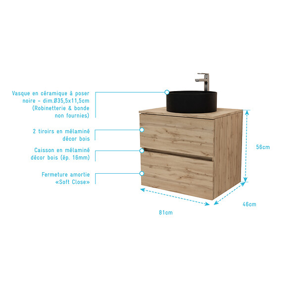 AURLANE - Meuble Salle de Bains 80cm 2 Tiroirs Chêne Naturel + Vasque Ronde Diamètre 36cm en Céramique Noire - large