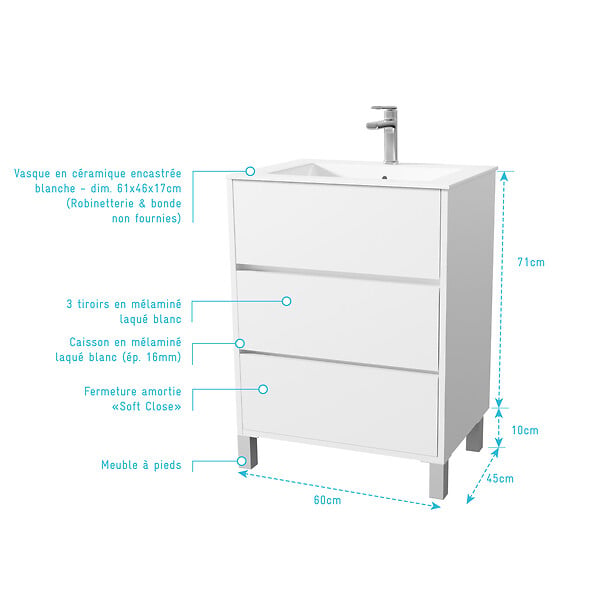 AURLANE - Pack Meuble Salle de Bains 60 cm Laqué Blanc, 3 tiroirs avec Vasque Céramique - XENOS - large
