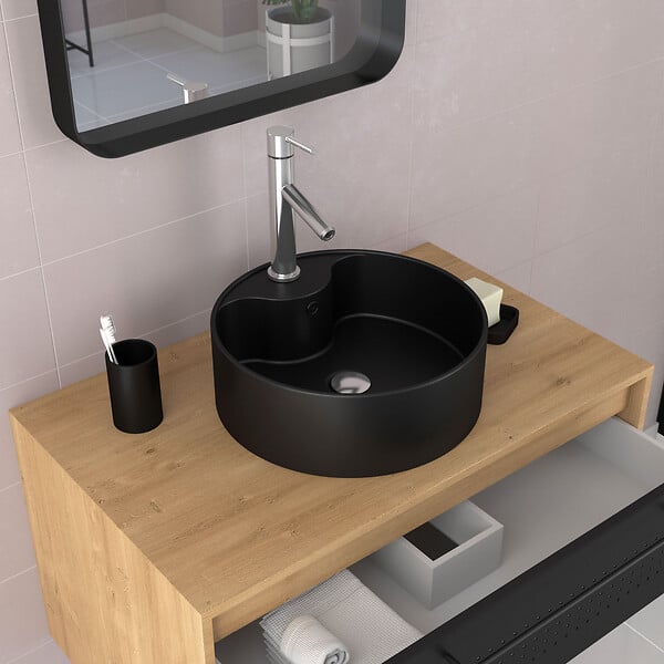 AURLANE - Meuble de Salle de Bains 80 cm avec Vasque Ronde - Finition Chêne naturel et Noir Mat - UBY - large