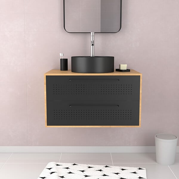 AURLANE - Meuble de Salle de Bains 80 cm avec Vasque Ronde - Finition Chêne naturel et Noir Mat - UBY - large