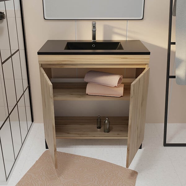 AURLANE - Meuble de salle de bains 80 cm 2 Portes Chêne Naturel + Vasque Céramique Noire - TIMBER - large