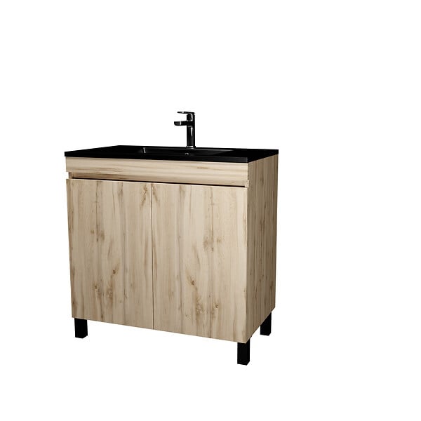 AURLANE - Meuble de salle de bains 80 cm 2 Portes Chêne Naturel + Vasque Céramique Noire - TIMBER - large
