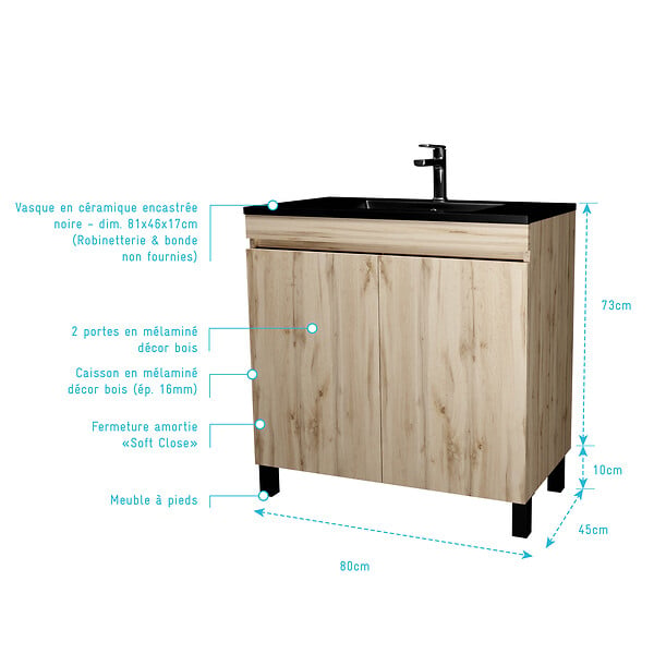 AURLANE - Meuble de salle de bains 80 cm 2 Portes Chêne Naturel + Vasque Céramique Noire - TIMBER - large