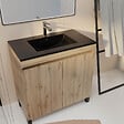 AURLANE - Meuble de salle de bains 80 cm 2 Portes Chêne Naturel + Vasque Céramique Noire - TIMBER - vignette